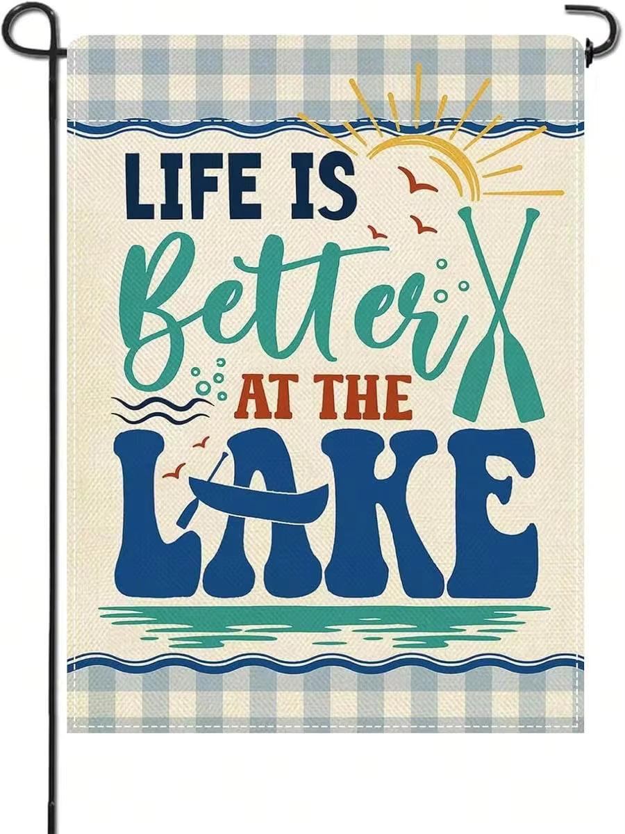 Artofy Life Is Better At The Lake Small Decorative Garden Flag, Lakehouse Blue Buffalo Plaid Yard Lawn Outside Decor, Lakeside Boat Paddle Sunshine Burlap Outdoor Home Decoration Double Sided 12 X 18